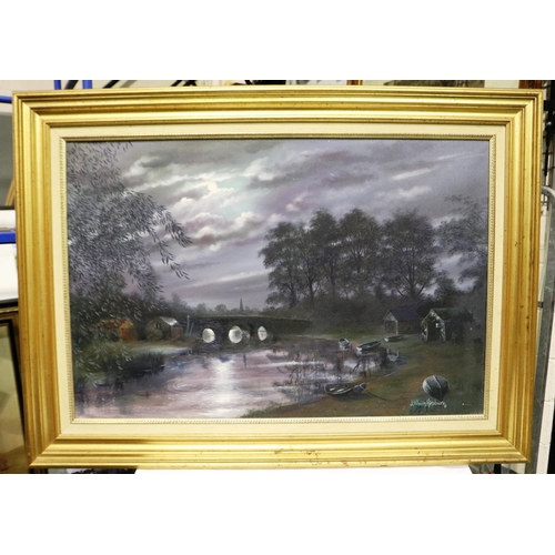 2027 - J Wilson-Hepburn (20th century): oil on canvas, Moonlit Riverbank with Boats, 90 x 60 cm. Not availa... 