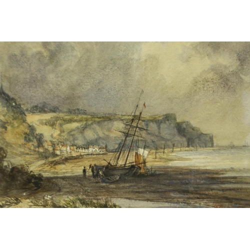 2032 - Unattributed watercolour of beached sailing vessel at Whitby, 24 x 19 cm, unsigned. Not available fo... 