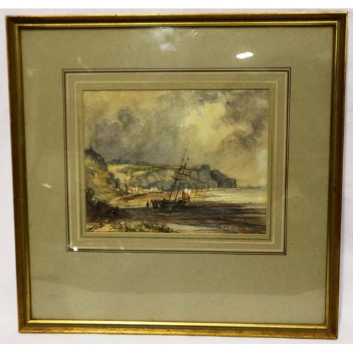 2032 - Unattributed watercolour of beached sailing vessel at Whitby, 24 x 19 cm, unsigned. Not available fo... 