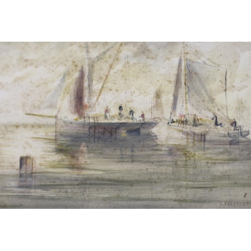 2043 - Thomas Westcott (1863-1924): watercolour, Sailing Boats At Dawn, 44 x 27 cm. Not available for in-ho... 