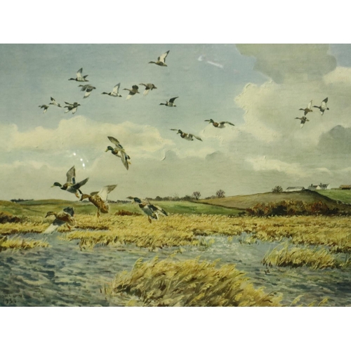 2005 - Hugh Monahan (Irish, 1914-1970): a pair of prints, estuary scenes with wild birds in flight, each 61... 