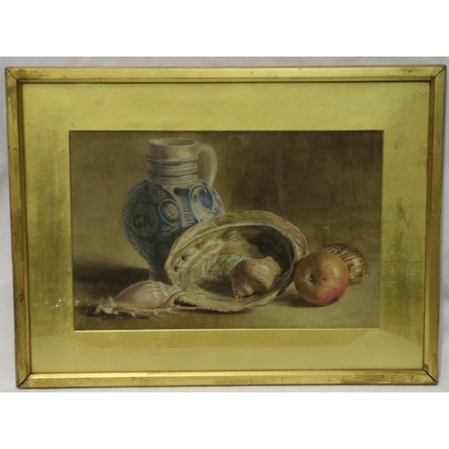 2009 - Early 19th century watercolour, still life with conch shells, fruit and ewer, unsigned, 36 x 23 cm. ... 