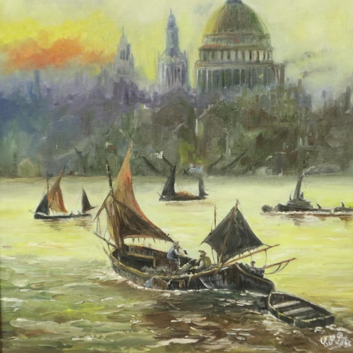 2018 - CJ Pye (early 20th century): acrylic on canvas, boats on the Thames, dated 1985, 44 x 33 cm. Not ava... 