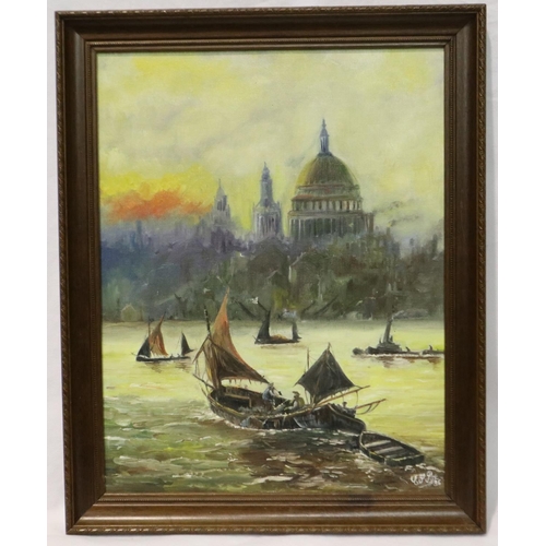 2018 - CJ Pye (early 20th century): acrylic on canvas, boats on the Thames, dated 1985, 44 x 33 cm. Not ava... 