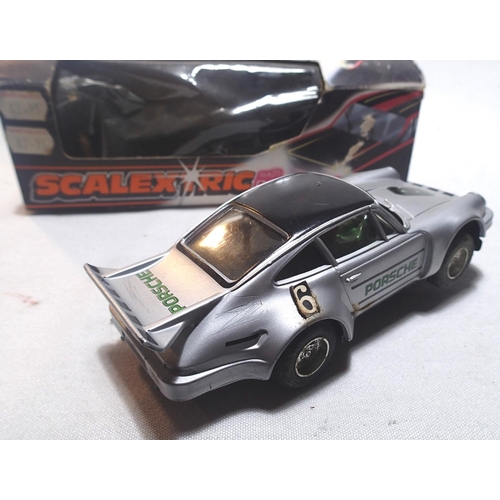 2012 - Two Scalextric cars with lights, C287 Ford Escort, brown, Westwood Racing, and C288 Porsche, silver,... 