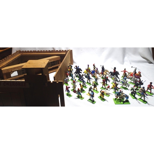 2019 - Britains Deetail figures x40, various types including knights etc and a wooden toy fort. P&P Group 2... 