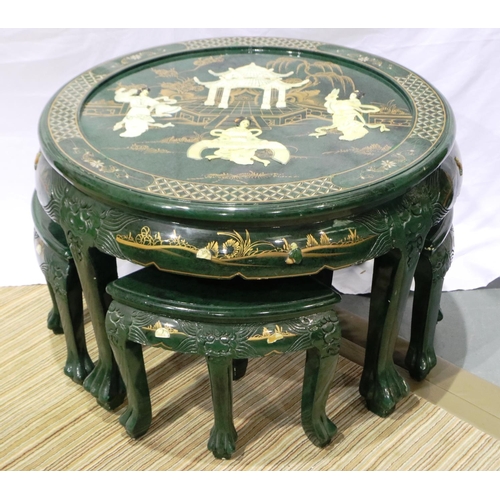 2090 - 20th Century green lacquered circular nest of tables, glass top sits above a skibyama diarma, D: 80 ... 