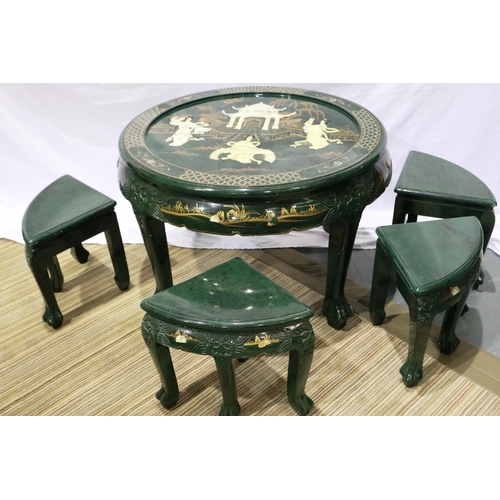 2090 - 20th Century green lacquered circular nest of tables, glass top sits above a skibyama diarma, D: 80 ... 