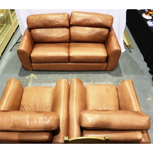 2092 - A contemporary tan leather three piece lounge suite, sofa L: 210 cm, leather a little sun bleached, ... 