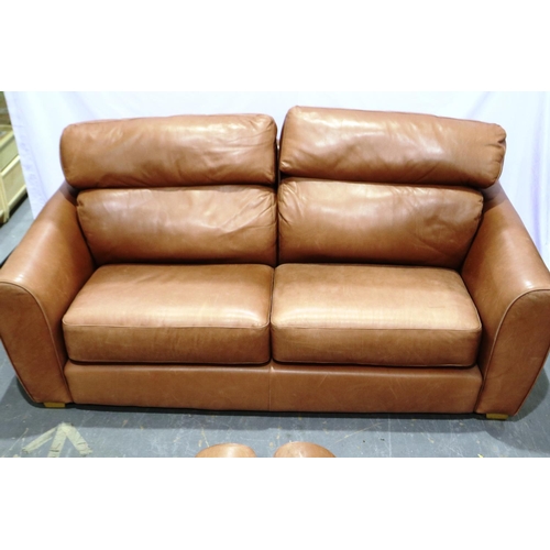 2092 - A contemporary tan leather three piece lounge suite, sofa L: 210 cm, leather a little sun bleached, ... 