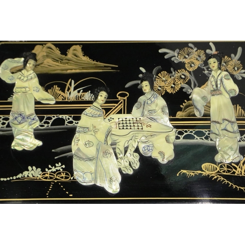 2093 - A black lacquered Oriental lamp table with gilt and painted decoration, 50 x 35 x 66 cm H. Not avail... 