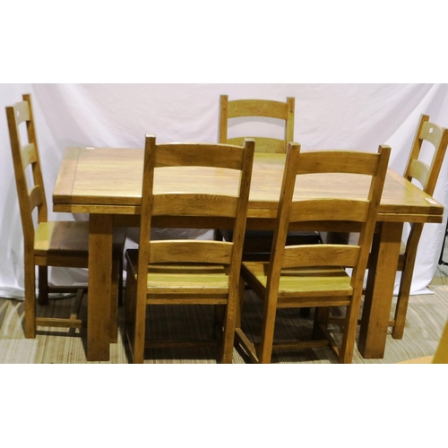 2095 - A substantial country oak draw-leaf dining table with a set of five ladderback chairs, table 260 x 9... 