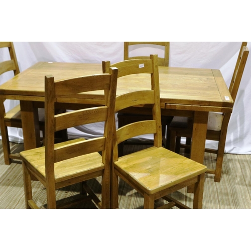 2095 - A substantial country oak draw-leaf dining table with a set of five ladderback chairs, table 260 x 9... 