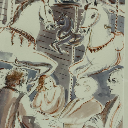 2066 - Julia Midgley (B. 1948): watercolour and pen, Carousel, 27 x 37 cm. Not available for in-house P&P