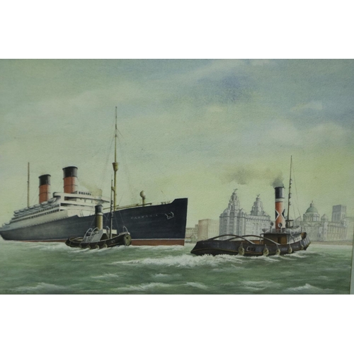 2071 - E A Cadge (20th century): watercolour, Carmania Liverpool, label verso, 36 x 28 cm with a further Li... 