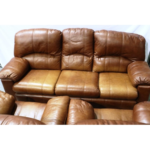 2101 - G-Plan, a modern three piece lounge suite comprising sofa ( L: 215 cm ), armchair and recliner in br... 