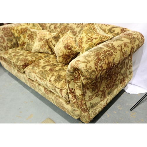 2102 - A 20th century upholstered sofa, in red brocade against a gold ground with scatter cushions, L: 235 ... 