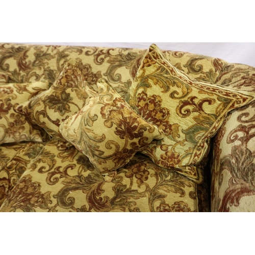 2102 - A 20th century upholstered sofa, in red brocade against a gold ground with scatter cushions, L: 235 ... 