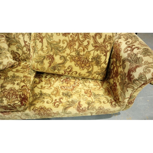 2102 - A 20th century upholstered sofa, in red brocade against a gold ground with scatter cushions, L: 235 ... 