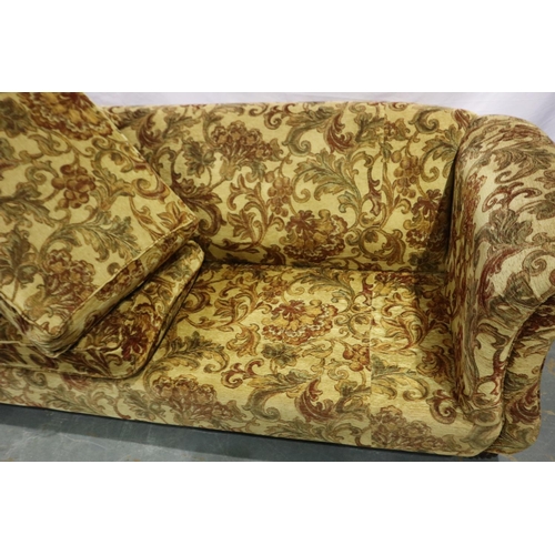 2102 - A 20th century upholstered sofa, in red brocade against a gold ground with scatter cushions, L: 235 ... 