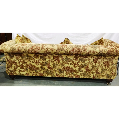 2102 - A 20th century upholstered sofa, in red brocade against a gold ground with scatter cushions, L: 235 ... 