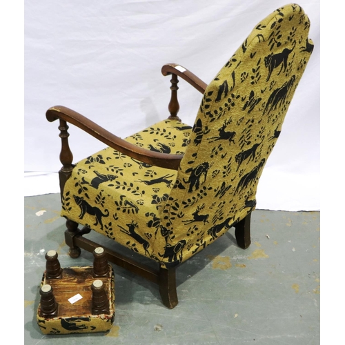 2104 - An Edwardian low seated parlour chair, later upholstered and with associated stool (2). Not availabl... 