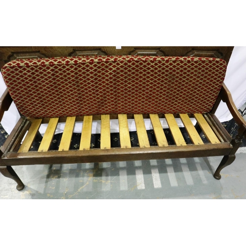 2108 - An 18th/19th century panelled oak settee with later upholstered seat cushion, L: 185 cm. Not availab... 