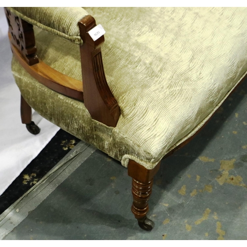 2117 - An Edwardian walnut framed two-seat settee, with carved and later upholstered back-rest and overstuf... 