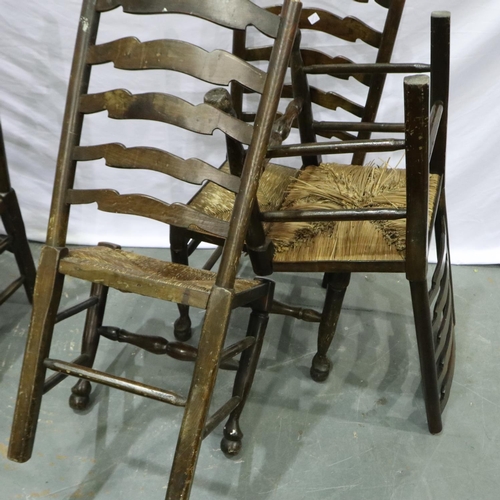 2121 - Four ladder back country oak kitchen chairs with rushed seats and ball feet. Not available for in-ho... 