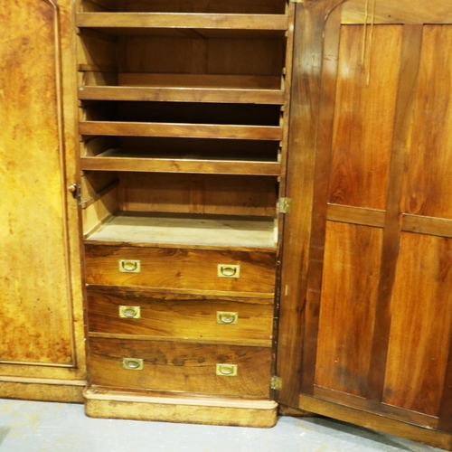 2123 - Substantial mid 19th century burr walnut wardrobe, having a central mirrored door containing drawers... 