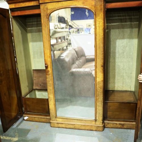 2123 - Substantial mid 19th century burr walnut wardrobe, having a central mirrored door containing drawers... 