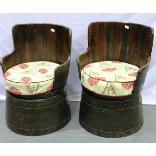 2125 - A pair of reclaimed oak barrel chairs, each coopered with upholstered seat cushion. Not available fo... 