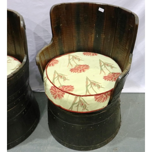 2125 - A pair of reclaimed oak barrel chairs, each coopered with upholstered seat cushion. Not available fo... 