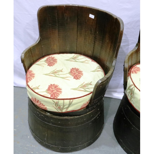 2125 - A pair of reclaimed oak barrel chairs, each coopered with upholstered seat cushion. Not available fo... 