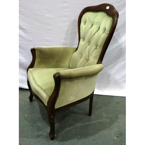 2126 - A late 19th/early 20th century gentlemans salon chair with stained pine frame and buttoned upholster... 