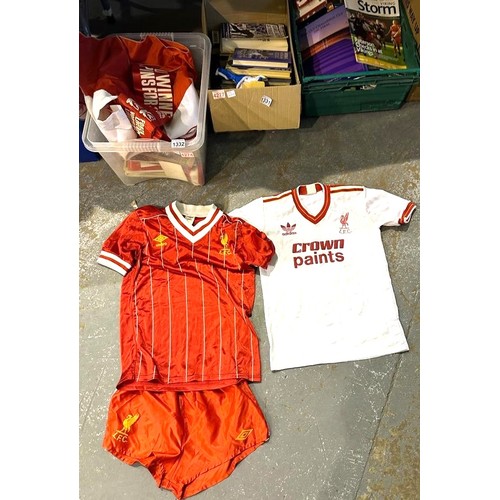 1332 - Collection of mainly Liverpool Football Club memorabilia including a childs football kit. (One full ... 