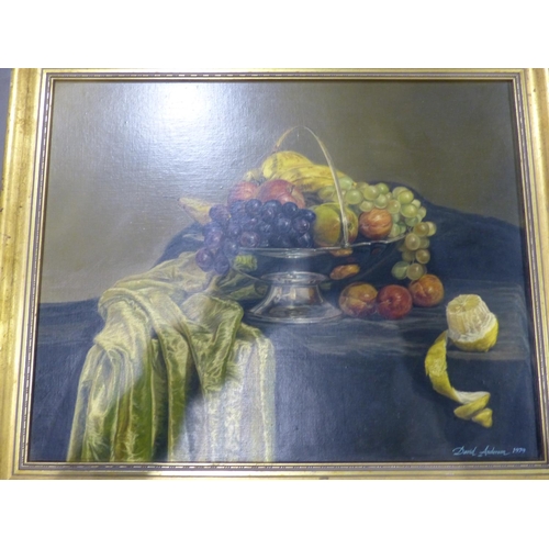 2073 - David Russel Anderson (1884-1973): oil on board, still life with a basket of fruit and a half peeled... 