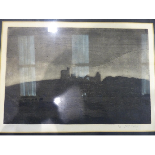 2074 - JMY Hedley (20th century): pencil signed etching, Harlech Castle, 1/25, 44 x 31 cm. Not available fo... 