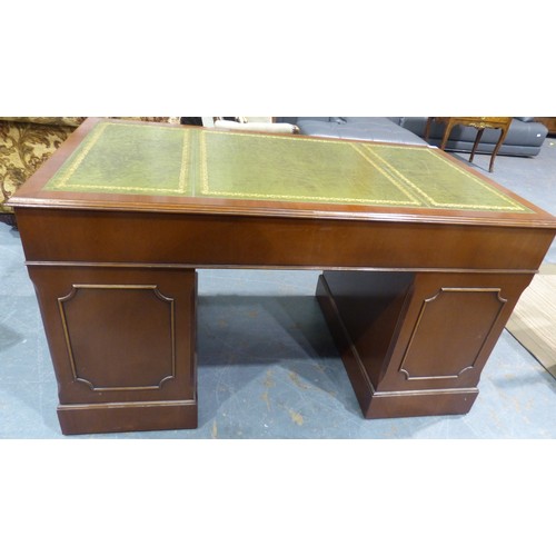 2077 - A 20th century reproduction mahogany twin pedestal desk with green tooled leather insert top. Not av... 