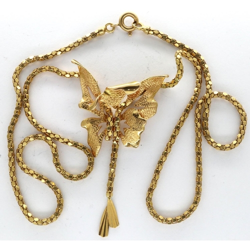 13 - Continental presumed 9ct gold butterfly pendant necklace on a box link chain, chain L: 25 cm, 10.2g.... 