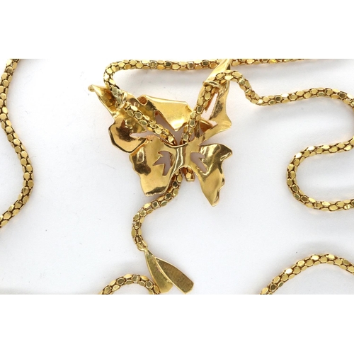 13 - Continental presumed 9ct gold butterfly pendant necklace on a box link chain, chain L: 25 cm, 10.2g.... 