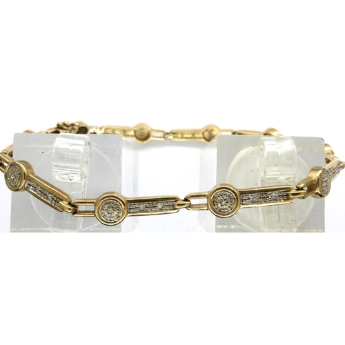 24 - 9ct gold diamond set link bracelet, L: 16 cm, 7.1g, clasp soldered. P&P Group 1 (£14+VAT for the fir... 