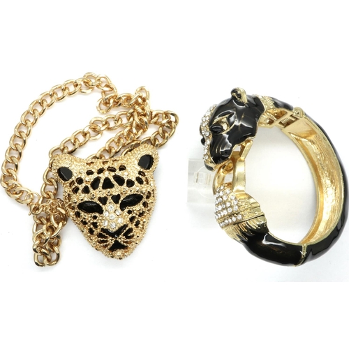 40 - Large gold plated and enamelled stone set tiger bangle and pendant necklace, chain L: 36 cm. P&P Gro... 