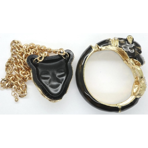 40 - Large gold plated and enamelled stone set tiger bangle and pendant necklace, chain L: 36 cm. P&P Gro... 