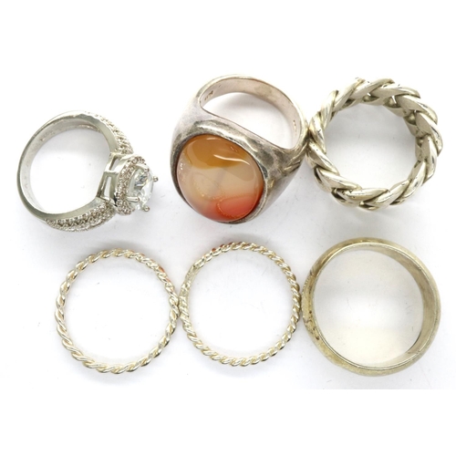 41 - Six mixed 925 silver rings, mixed sizes, one set with a large panel of agate. P&P Group 1 (£14+VAT f... 