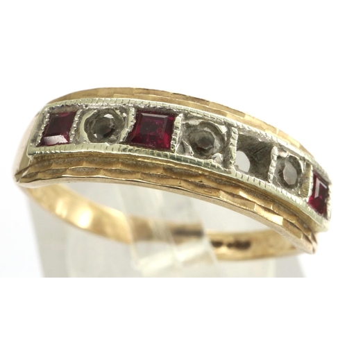 47 - 9ct gold half eternity ring set with rubies and topaz, size L, one stone missing, 2.4g. P&P Group 1 ... 