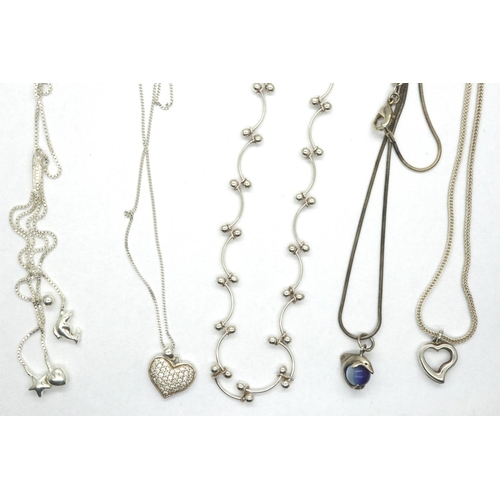 8 - Five 925 silver necklaces including a choker and stone set pendant necklaces, longest chain L: 60 cm... 