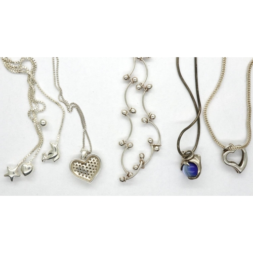 8 - Five 925 silver necklaces including a choker and stone set pendant necklaces, longest chain L: 60 cm... 