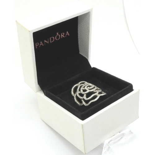 9 - Boxed Pandora pierced rose ring set with cubic zirconia, size N, 4.8g. P&P Group 1 (£14+VAT for the ... 