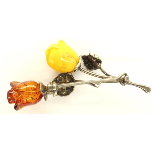 56 - Boxed 925 silver and amber rose brooch, L: 60 mm. P&P Group 1 (£14+VAT for the first lot and £1+VAT ... 